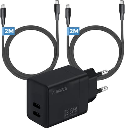 Phreeze usb C adapter 35 W - Power Delivery oplader geschikt voor iPhone 14 13 12 11 X XR XS Max Pro Mini Plus en iPad - Snellader - Geschikt voor Lightning naar usb C kabel 2m