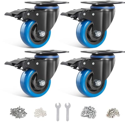 76mm blauwe zwenkwielen set van 4 - zwenkwielen tot 500KG met rem, 360° draaibaar, ideaal voor binnen- en buitengebruik