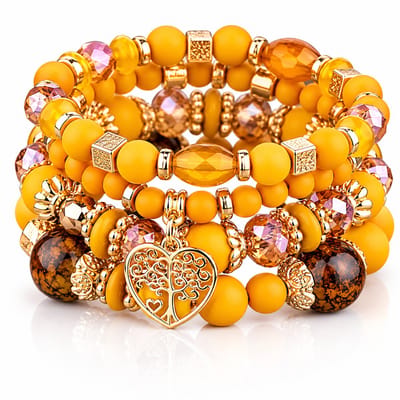 Luxamore® Kralenarmband Dames – 4-Delige Armbandenset Geel Bruin Goud – Boho Sieraden met Tree of Life Bedel – Cadeau voor Vrouwen