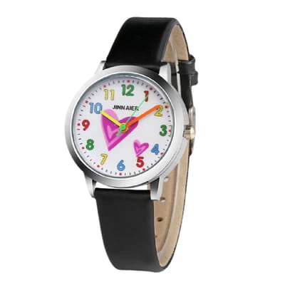 12Getit Meisjes horloge zwart met hartjes afbeelding en leer bandje