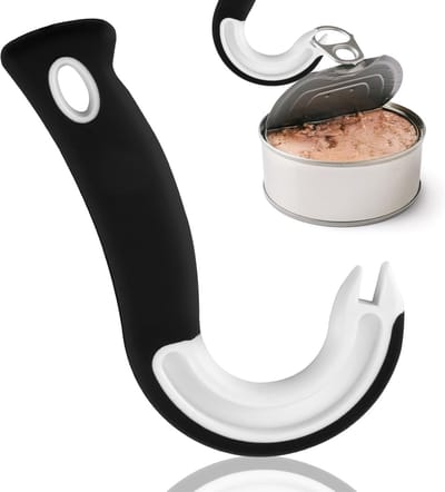 2-delige J-vormige blikopener, handmatige keukengadget met antislip handvat, opent gemakkelijk blikken, blikken en potten met borgringen