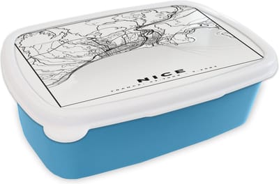 Broodtrommel Blauw - Lunchbox - Brooddoos - Kaart - Nice - Plattegrond - Frankrijk - Stadskaart - Zwart wit - 18x12x6 cm - Kinderen - Jongen