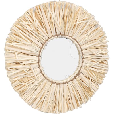 Miroir Mural en Paille Style Nordique Miroir Suspendu à Pompons en Paille Tressés à la Main Décoration Murale Bohème beige