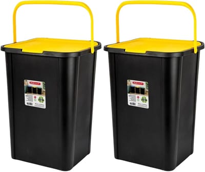 Plasticforte Recycling afvalbak - 2x - zwart/geel - 45 Liter - afsluitbaar - 34 x 40 x 54 cm - deksel - kunststof - afval scheiden - met draag hengsel