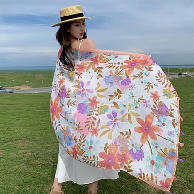 Design Foulard Femme Protection Solaire Châles Coton Double Usage Été Automne Longs Foulards Vacances Bord de Mer Serviette de Plage Tenue de Plage Voiles white