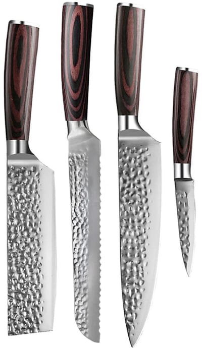 Shinrai Knives - Hammered RVS 4-delige Messenset - Koksmes + Broodmes + Nakiri + Schilmes