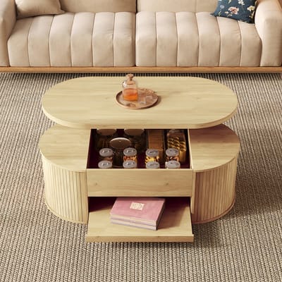 Pugsdrly Opklapbare salontafel, salontafel met gebogen houten zijkanten, uitschuifbare plank, opklapbaar blad, multifunctioneel meubel voor in de woonkamer.