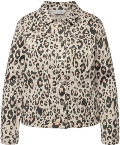 MIAMODA - Dames - Denim jas luipaard-patroon overhemdkraag lange mouwen - Donker kiezel - Maat 52