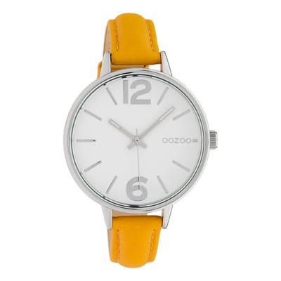 OOZOO Timepieces - Zilverkleurige horloge met gele leren band - C10455