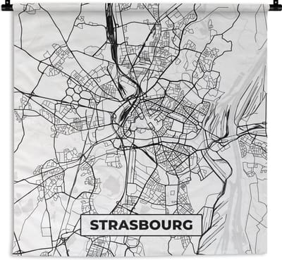 Wandkleed - Wanddoek - Stadskaart - Strasbourg - Frankrijk - Kaart - Plattegrond - Zwart wit - 180x180 cm - Wandtapijt