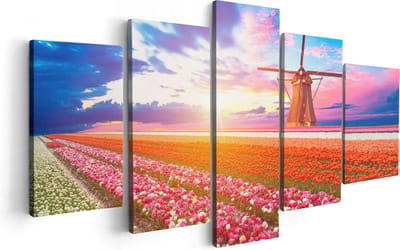 Artaza Canvas Schilderij Vijfluik Kleurrijke Bloemenveld Met Een Windmolen - 100x50 - Foto Op Canvas - Canvas Print