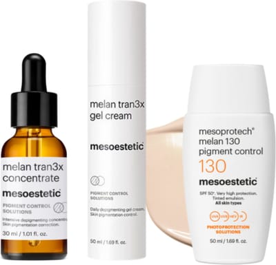 Mesoestetic - Pigment Control verzorgingsset - Mesoestetic melan tran3x concentrate - Mesoestetic melan tran3 gel cream - Mesoestetic melan 130 pigment control 50spf