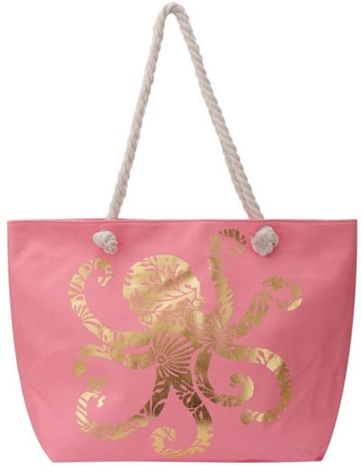 Een vrolijke strandtas met een print van een Octopus (54x36x15cm) gevoerd en afsluitbaar met een rits aan de binnenkant. Een handige tas om veel in mee te kunnen nemen. Afgewerkt met twee handvaten van gedraaid touw. Voor uzelf of als Cadeau.