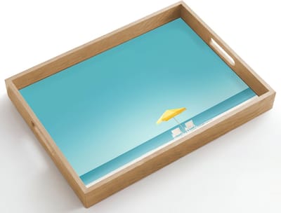Dienblad hout 50x35 cm - Schootdienblad - Strand - Blauwe lucht - Geel - Parasol - Borrelplank rechthoek - Plateau dienbladen