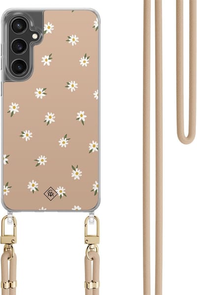 Casimoda® hoesje met koord - Geschikt voor Samsung S24 FE - Sweet Daisies - Afneembaar koord - TPU/polycarbonaat - Bruin/beige