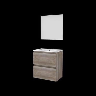 Basic-Line Basic 39 Badkamermeubelset - Ondiep - 60 x 39 cm - Greeploos - 2 Lades - Keramische Wastafel - 1 Kraangat - Spiegel - Scotch Oak