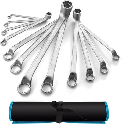 Dubbele Ringsleutelset - Metrische Sleutels - Krappe Ruimtes - 75-Graden Offset - 6-32mm 12 Delig - Zilver