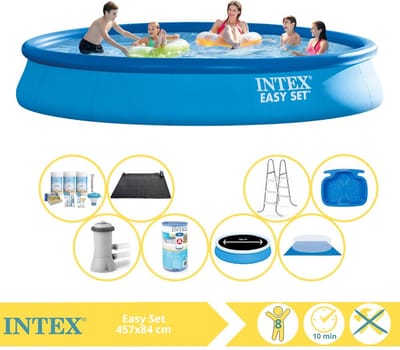 Intex Rond Opblaasbaar Easy Set Zwembad - 457 x 84 cm - Blauw - Inclusief Pomp - Onderhoudspakket - Filter - Grondzeil - Solar Mat - Ladder - Voetenbad - 8-delig