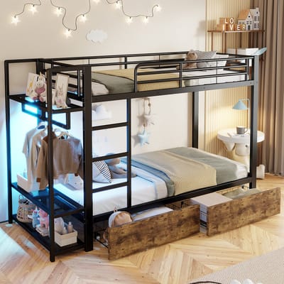 Stapelbed, 90 x 200 cm, Ijzeren Frame, 2 lades, Meerdere Planken, met Led-lichtstrip, met Kledingstang, Matras niet Inbegrepen, Zwart
