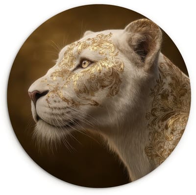 WallCircle® Wandcirkel 120x120 cm - Muurcirkel Leeuwin - Bloemen - Wit - Goud - Muurdecoratie woonkamer - Wanddecoratie slaapkamer - Kamer decoratie accessoires - Ronde schilderijen XXL