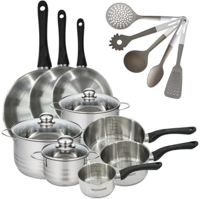Set met Pannen 20/24/28 cm, Braadpannen 16/20/24 cm & Steelpannen 12/16/20 cm Fackelmann Geneva en 5 Keukengerei
