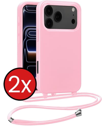 Hoesje Geschikt voor iPhone 17 Pro / 18 Pro Hoesje Siliconen Case Met Koord - Hoes Geschikt voor iPhone 17 Pro / 18 Pro Hoesje Backcover Met Telefoonkoord - Lichtroze - 2 PACK