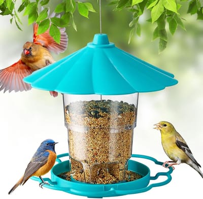 Waterdichte, opvouwbare vogelvoeder voor buiten, met een breed plateau en een regenbestendige bovenkant, geschikt voor terrassen, tuinen en achtertuinen, Groen.