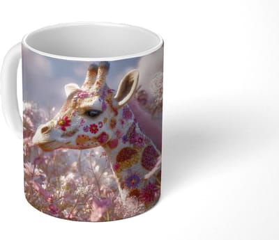 Mok - Koffiemok - Giraffe - Bloemen - Roze - Mokken - 350 ML - Beker - Koffiemokken - Theemok