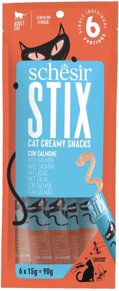 Schesir Kattensnack Stix Zalm - 12 x 6 x 15 gr - Voordeelverpakking