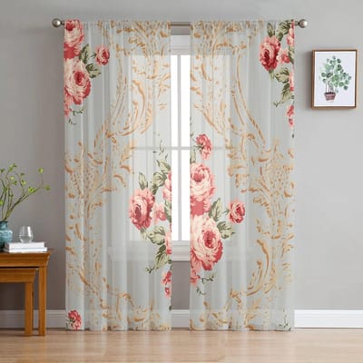 Bloemen Handgetekende Gebladerte Slaapkamer Transparante Vitrages Vakantie Decoratie Raam Voile Tule Gordijn 135W x 114H(cm) gray