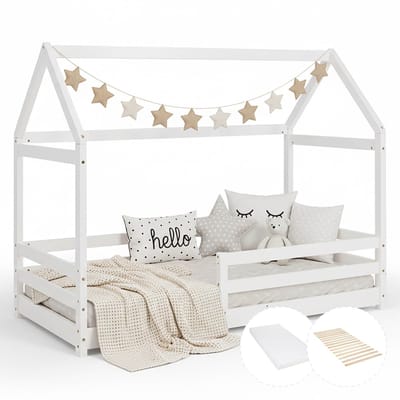 Homestyle4u Huisbed - 80x160 cm - Wit - met lattenbodem en matras