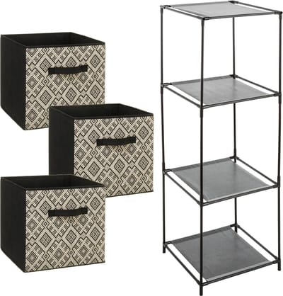 Kastmandjes/opberg manden - zwart/creme print - 3x stuks van 29 Liter - In rek van 34 x 98 cm