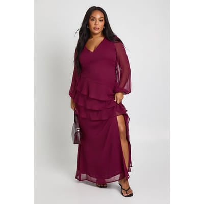 boohoo Dames Plus chiffon maxi-jurk met ruches | Bordeaux Rood | Maat: 44