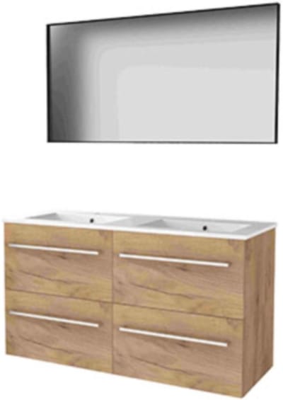 Basic-Line Framed 46 Badkamermeubelset - 120 x 46 cm - Met Grepen - 4 Lades - Keramische Wastafel - 2 Kraangaten - Spiegel met Zwart Aluminium Frame - Whisky Oak