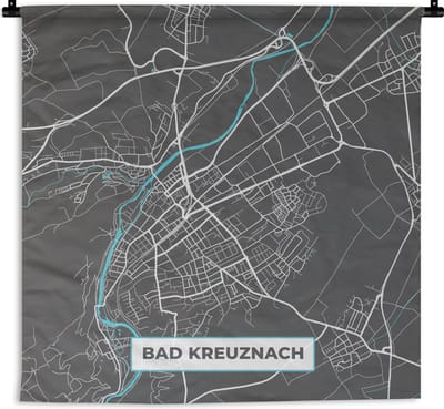 Wandkleed - Wanddoek - Bad Kreuznach – Stadskaart – Blauw – Plattegrond – Stadskaart – Kaart - Duitsland - 180x180 cm - Wandtapijt