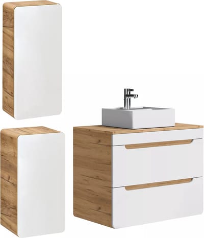 Vente-unique Zwevend badkamermeubel met opbouwwaskom en twee kolomkasten - Naturel en wit - 80 cm - ARUBA