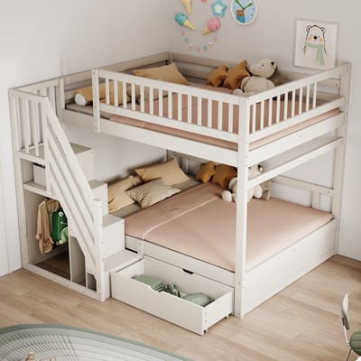 DESMIU Stapelbed 140x200cm - Kinderbed Met Opbergtreden En Lades - Veilig Hoog Uitvalhek - Voor Broers, Zussen En Logees - Massief Hout - Wit Zonder Matras