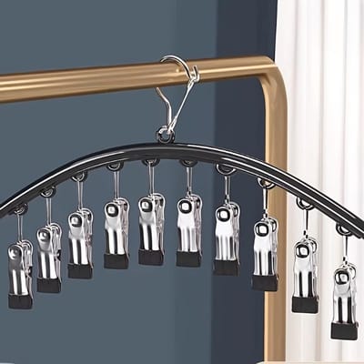 1 Étendoir à linge en acier inoxydable avec 10 pinces pour sécher les bas, chaussettes, écharpes et ceintures pour l'organisation de la maison pour salle de bain, chambre, garde-robe 10 clips black