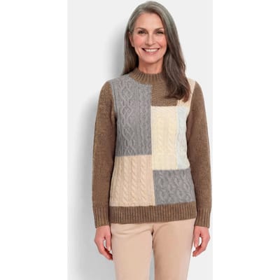 Tricot pullover met intarsiapatroon en opstaande kraag - bruin / grijs / gedess. - Gr. 19 van Goldner Fashion