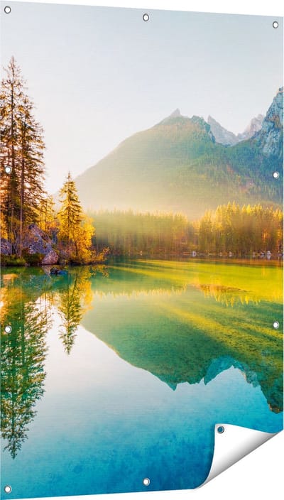 Gards Tuinposter Zonsopgang bij het Meer in de Herfst - 80x120 cm - Tuindoek - Tuindecoratie - Wanddecoratie buiten - Tuinschilderij