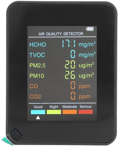 Luchtkwaliteitsmonitor - Binnenlucht tester - Gezond Binnenklimaat - Multidetectie Sensoren - 185 Gram - Zwart
