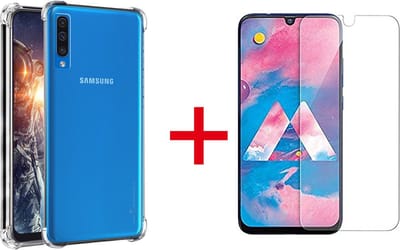 HB Hoesje Geschikt voor Samsung Galaxy A50/ A30s - Anti Shock Hybrid Back Cover + Tempered Glazen Screenprotector - Transparant