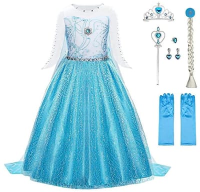 Dailygoods- Prinsessenkostuum 6-delige set - Verkleedjurk Meisje - Kroon/Diadeem - Handschoenen - Toverstaf - Perfect voor Carnaval/Halloween