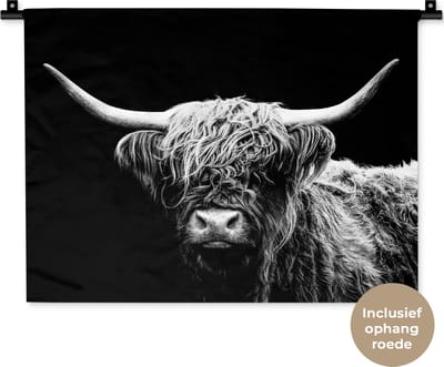 Wandkleed - Wanddoek - Schotse Hooglander - Koe - Zwart - Wit - Dieren - 60x45 cm - Wandtapijt