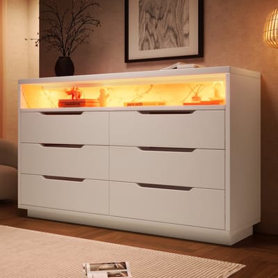 Wishdor - Dressoir Met Ledverlichting En 6 Lades - Opbergvak Met Marmerlook - Spaanplaat En Metaal - Wit - 120 X 40 X 85 Cm