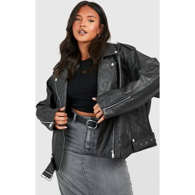 boohoo Dames Plus Vintage Wash Pu Oversized Biker Jacket | Black | Maat: 16
