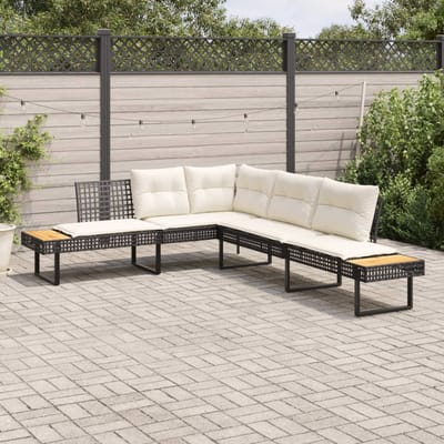 vidaXL - Tuinbank - met - kussens - L-vormig - poly - rattan - en - acaciahout - zwart