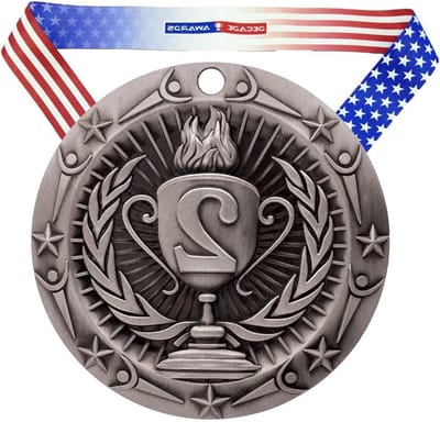 Tweede Plaats Medaille - Zilveren Onderscheiding - Wedstrijd Succes - Met Sterren Vlaglint - 7.5cm Breed - Zilver