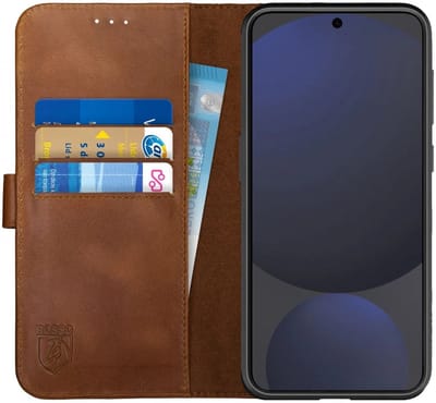 Rosso Deluxe Echt Leer Hoesje Geschikt voor Samsung Galaxy S24 FE | Ruimte voor drie pasjes | Portemonnee Book Case | Met Pasjeshouder | Bruin