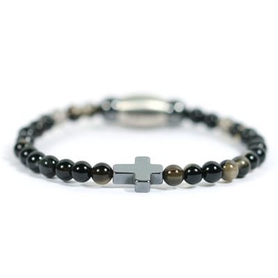 IbizaMen KIDS- jongens - armband - edelsteen - agaat - zwart - 4mm - hematiet kruisje - 16cm